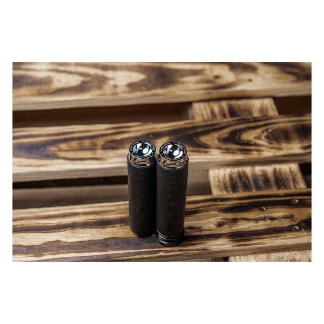 Rough Crafts Knurled Rubber Handlebar Grips, Chrome - 08+ Throttle By Wire Grips Rough Crafts