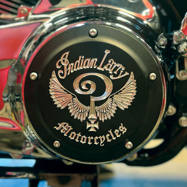 Indian Larry Motorcycles Indian Larry Logo Derby Cover, Matte Black & Aluminum - Touring Derby Cover Indian Larry Motorcycles