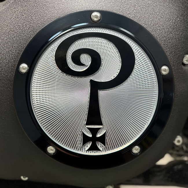 Indian Larry Motorcycles Question Mark Derby Cover, Gloss Black & Aluminum - Twin Cam Derby Cover Indian Larry Motorcycles