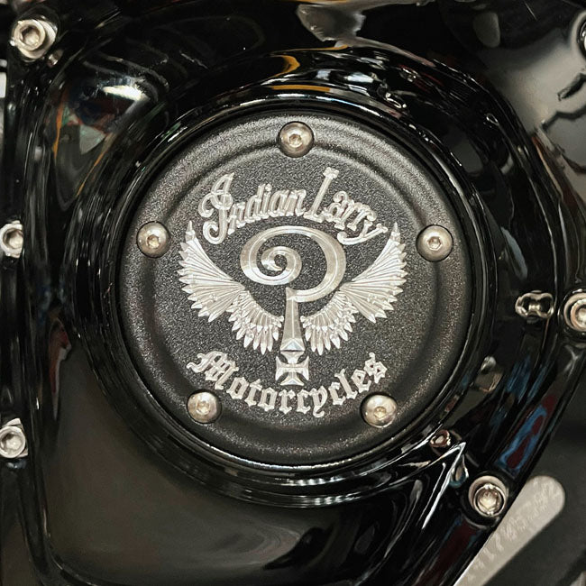 Indian Larry Motorcycles Indian Larry Logo 5 Hole Point Cover, Matte Black & Aluminum - Twin Cam & Milwaukee 8 Point Covers Indian Larry Motorcycles