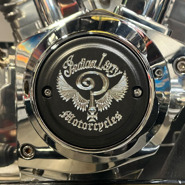 Indian Larry Motorcycles Indian Larry Logo 2 Hole Point Cover, Matte Black & Aluminum - Shovelhead & EVO Point Covers Indian Larry Motorcycles