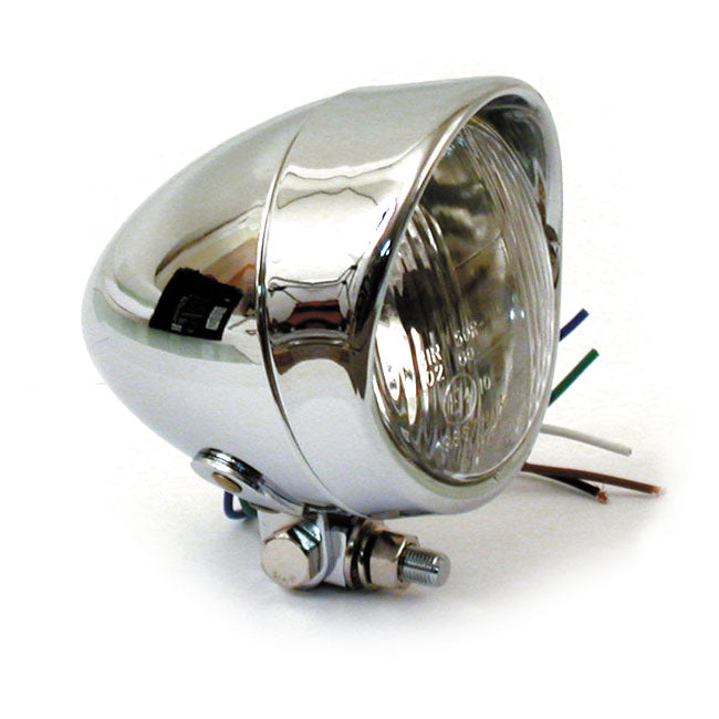 Bullet 4" H4 Headlamp. Smooth & Visor. Chrome Headlamps Mcs