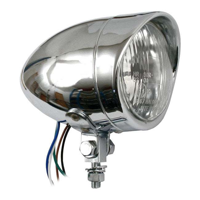 Long Bullet 4" H4 Headlamp. With Visor. Chrome Headlamps Mcs