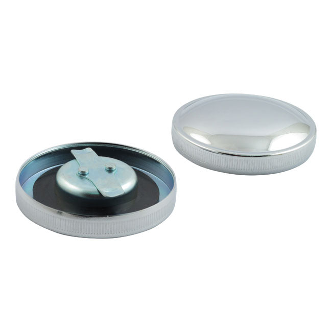 Gas Cap Set, Late Style. Chrome Gas Cap Mcs