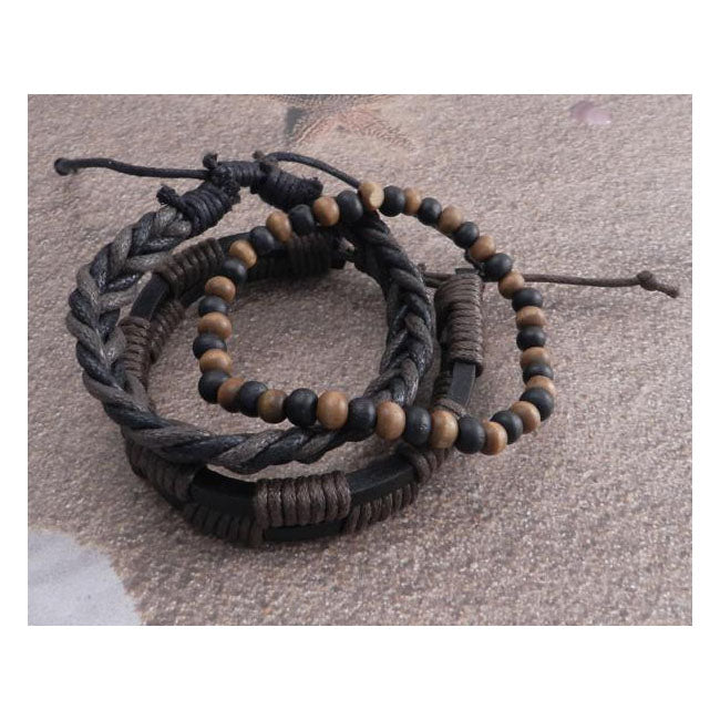 Amigaz Rope Sliders & Wood Bead Bracelet Brown Biker Jewelry Amigaz