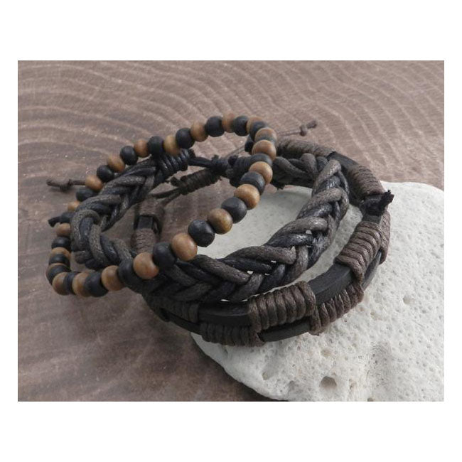 Amigaz Rope Sliders & Wood Bead Bracelet Brown Biker Jewelry Amigaz