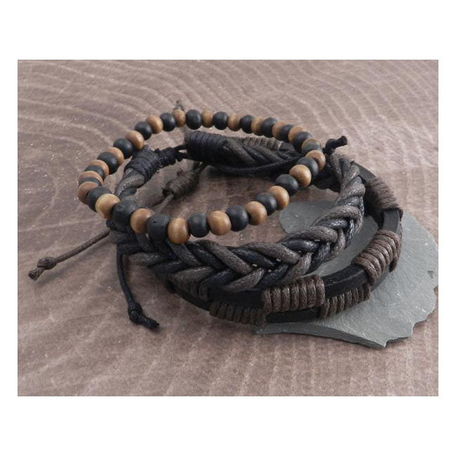 Amigaz Rope Sliders & Wood Bead Bracelet Brown Biker Jewelry Amigaz