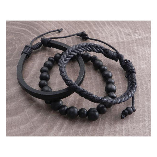Amigaz Rope Sliders & Wood Bead Bracelet Black Biker Jewelry Amigaz