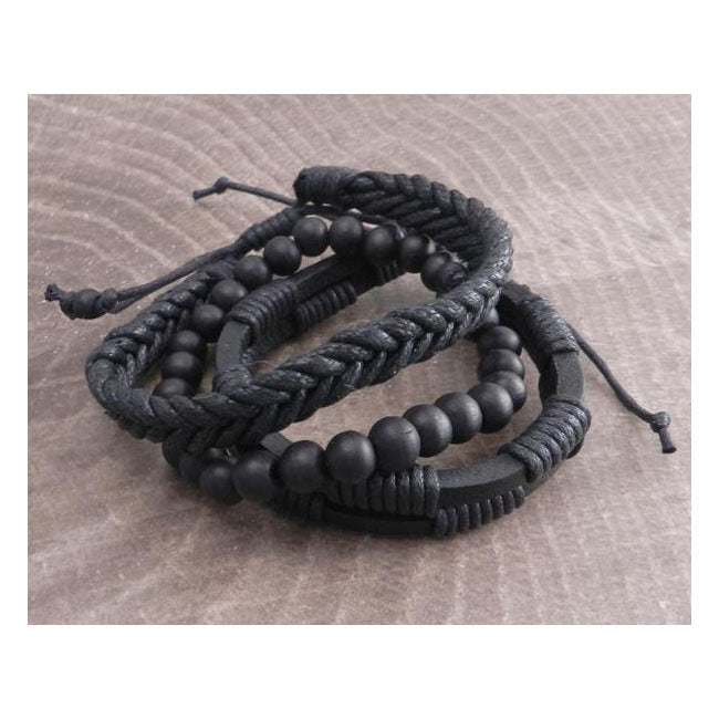 Amigaz Rope Sliders & Wood Bead Bracelet Black Biker Jewelry Amigaz