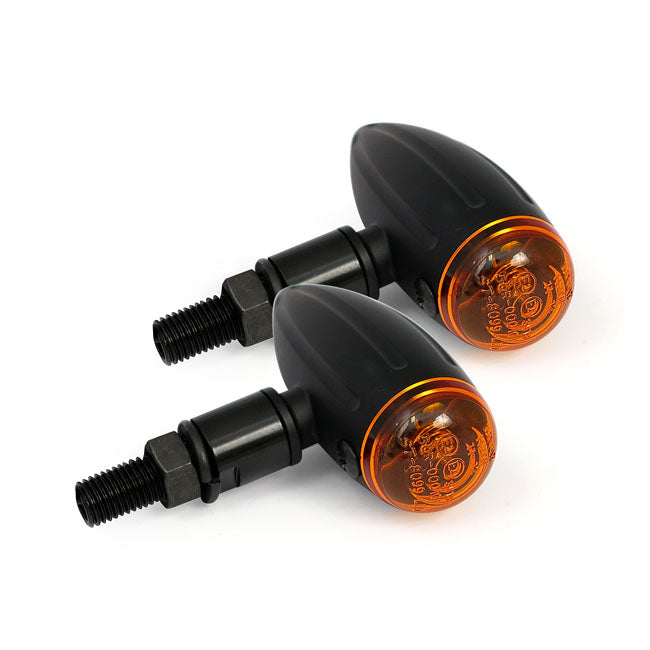 Micro Bullet, 12v Halogen Turn Signals. Black, Grooved Turn Signals Mcs
