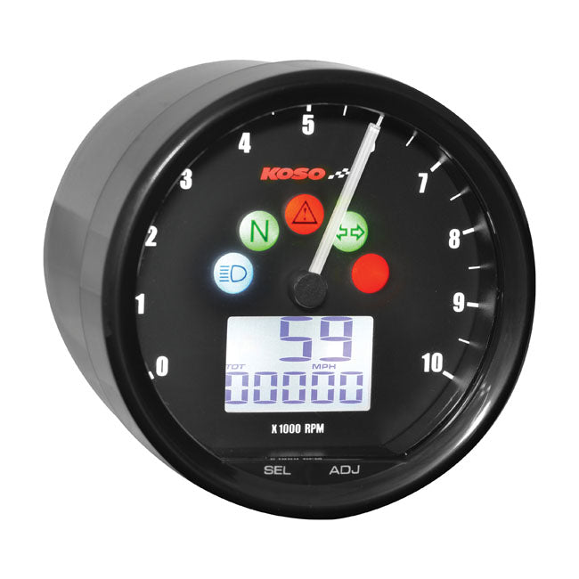 KOSO, D64 multifunctional speedo/tachometer. Black Speedometers Koso North America