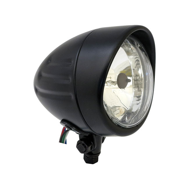 Bullet 4" H4 Headlamp. Ribbed & Visor. Black Headlamps Mcs