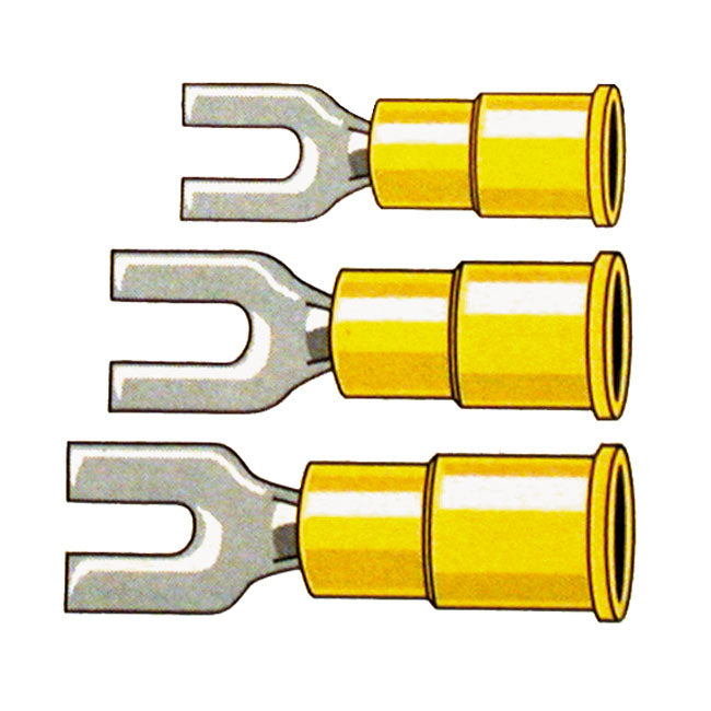 Connectors, spade terminal PVC, crimp. Yellow 3.5mm Spade Terminals Standard