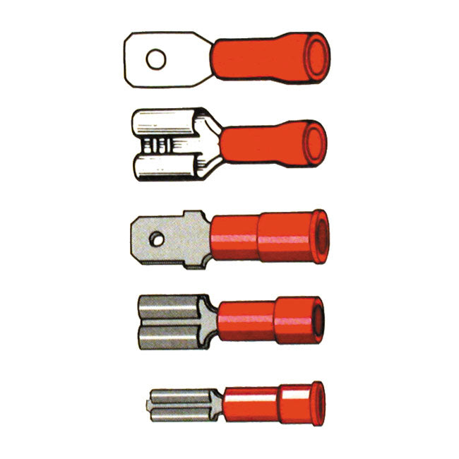 Connectors, slide-on terminal PVC, crimp. Red 1/4" male Slide-On Terminals Standard