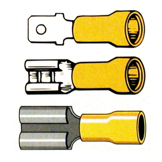 Connectors, slide-on terminal PVC, crimp. Yellow 1/4" male Slide-On Terminals Standard