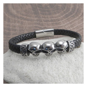 Amigaz Skull Head Leather Braid Bracelet Biker Jewelry Amigaz