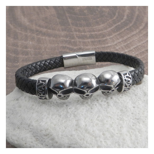 Amigaz Skull Head Leather Braid Bracelet Biker Jewelry Amigaz