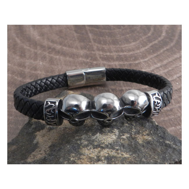 Amigaz Skull Head Leather Braid Bracelet Biker Jewelry Amigaz