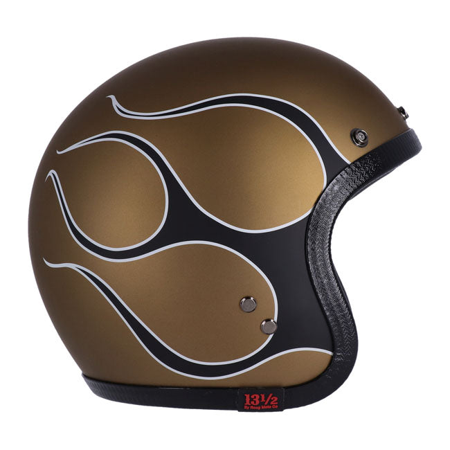 13 1/2 Skull Bucket Helmet, Flames Matt Gold Open Face Helmet 13 And A Half Company