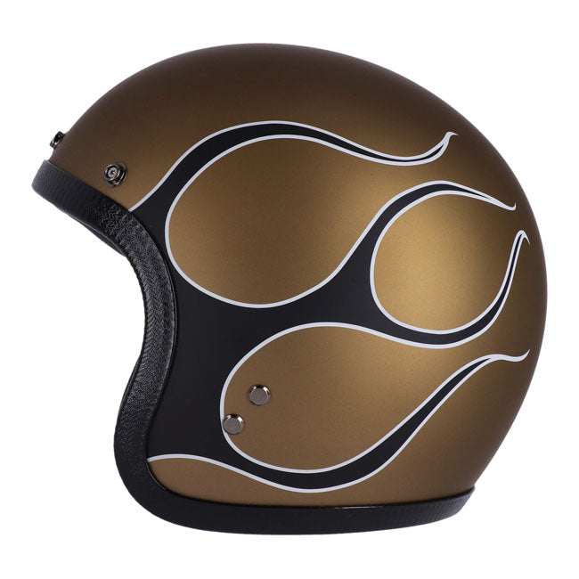 13 1/2 Skull Bucket Helmet, Flames Matt Gold Open Face Helmet 13 And A Half Company