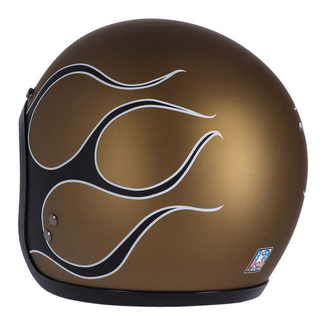 13 1/2 Skull Bucket Helmet, Flames Matt Gold Open Face Helmet 13 And A Half Company