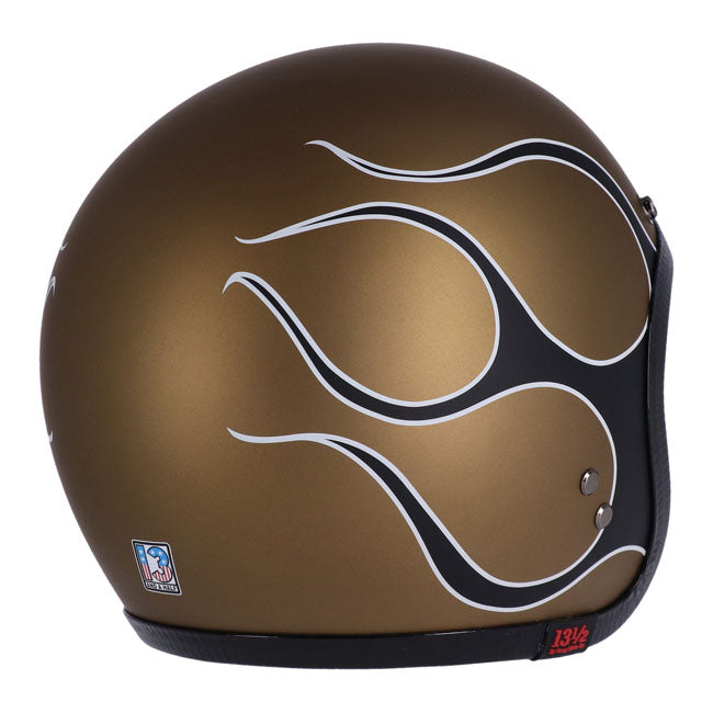 13 1/2 Skull Bucket Helmet, Flames Matt Gold Open Face Helmet 13 And A Half Company