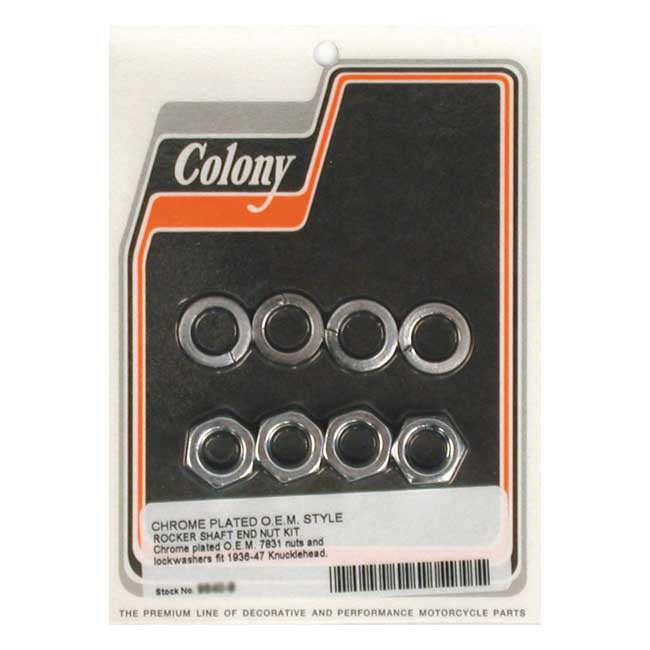 Colony, rocker shaft end nut kit. Chrome Rocker Shaft Nut Kits Colony