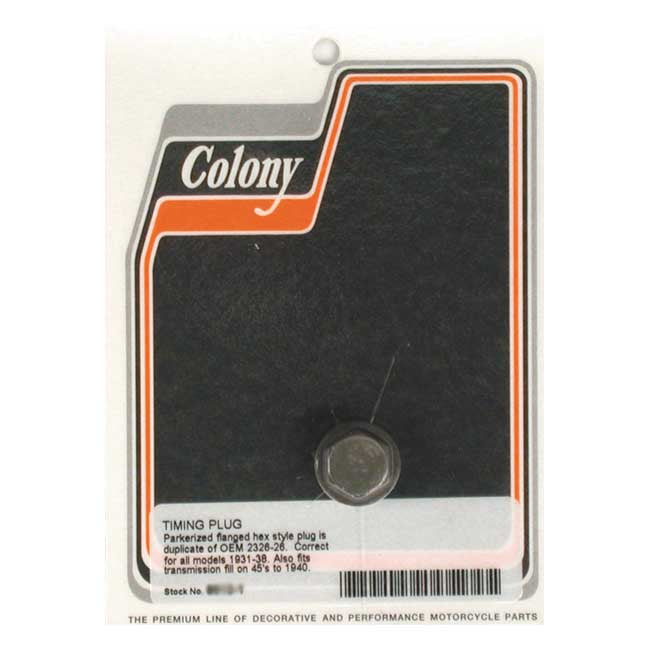 Colony, timing/drain plug. OEM style hex. Parkerized Oil Drain Plugs Colony