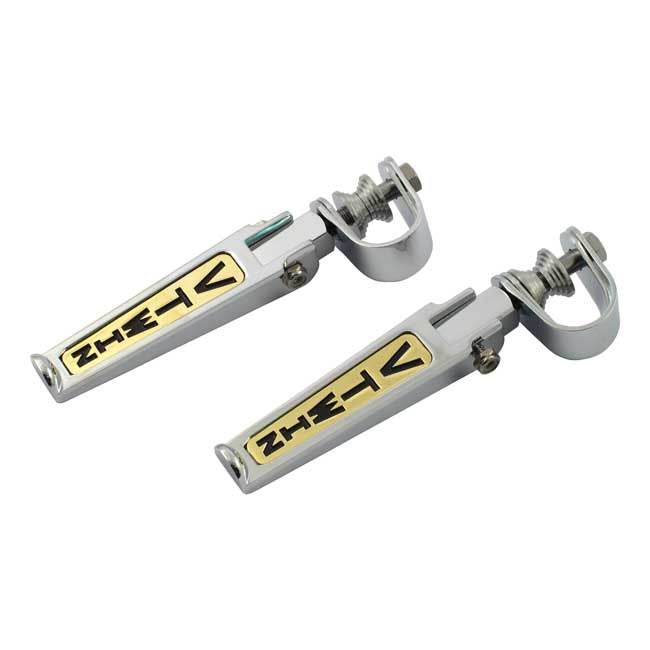 V Twin Foot Peg Set. Clamp On. Chrome/Gold Footpegs Mcs