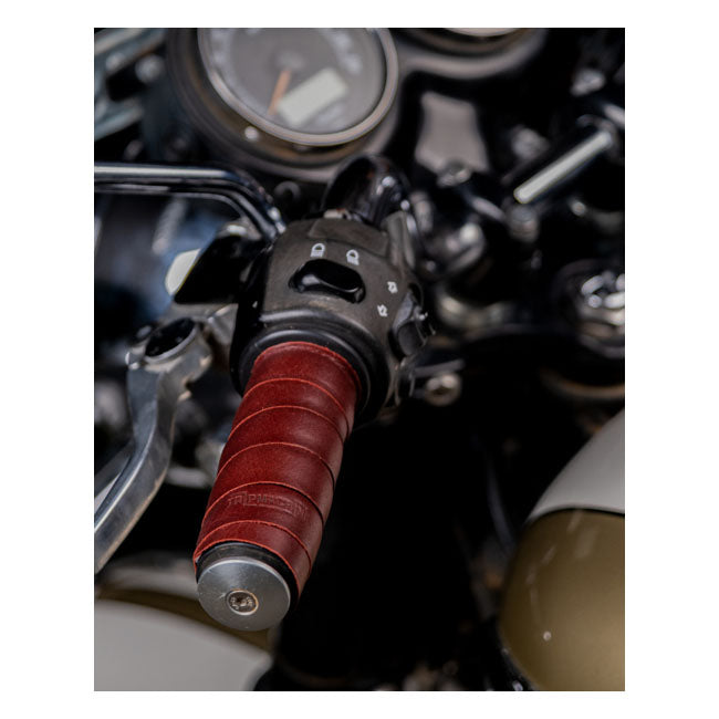 Trip Machine, Leather Handlebar Grip Wraps. Cherry Red Grips Tripmachine