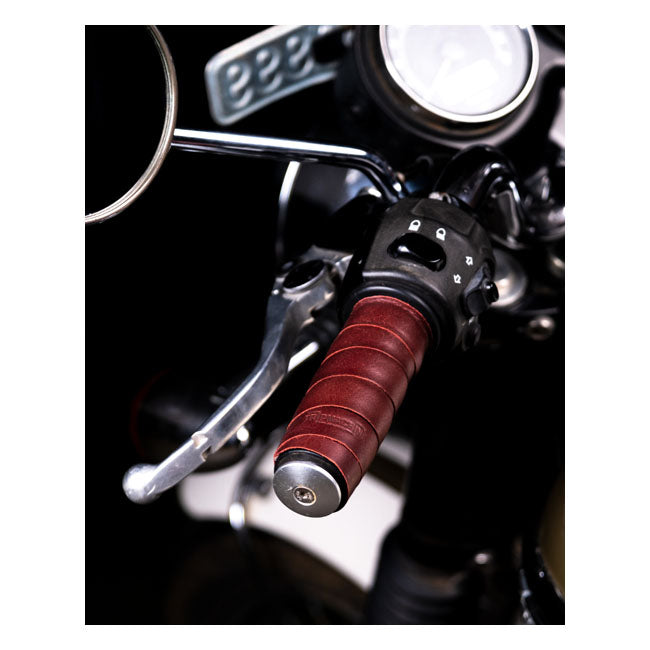 Trip Machine, Leather Handlebar Grip Wraps. Cherry Red Grips Tripmachine
