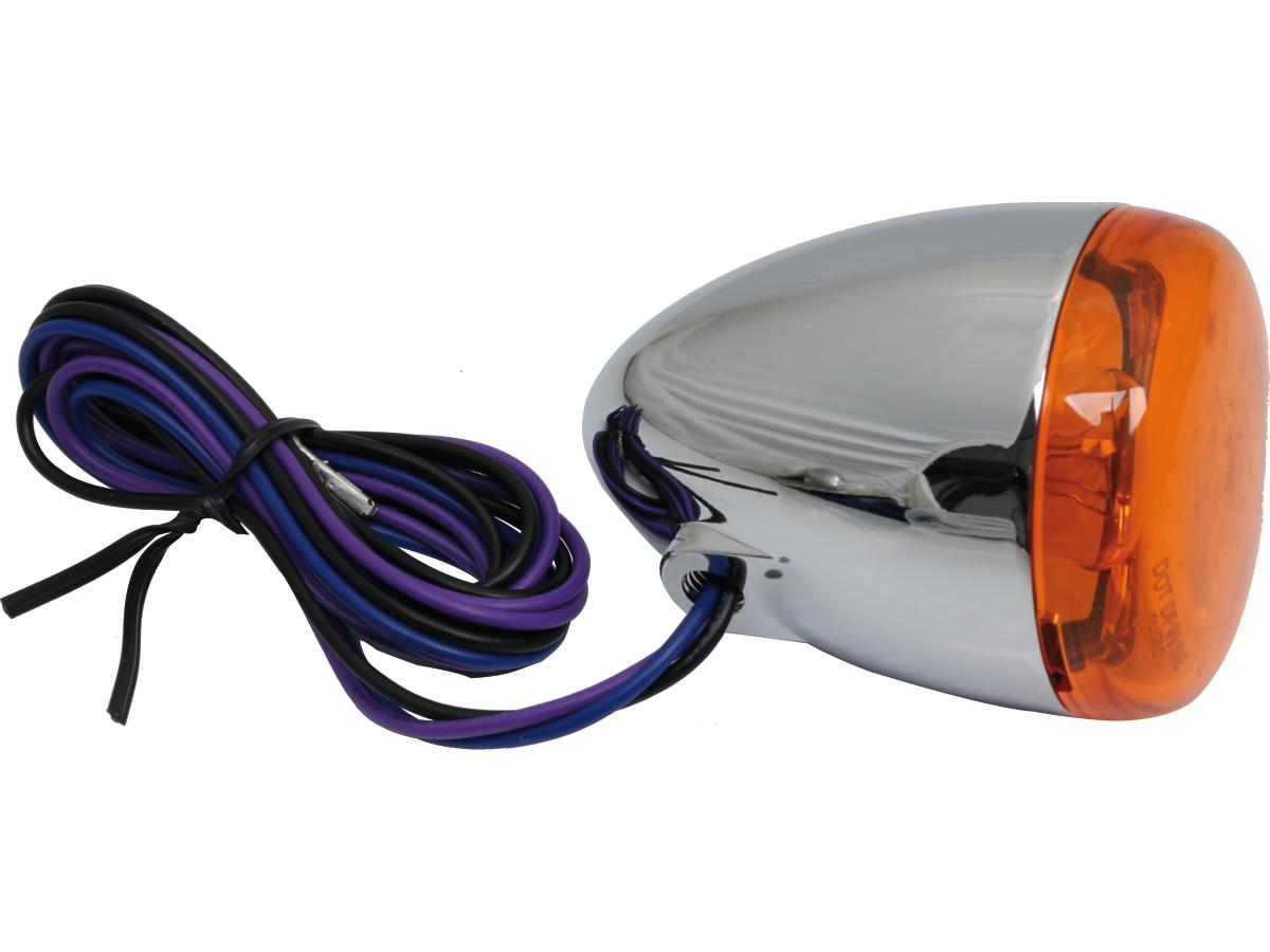 Cce Deuce Style Turn Signal Front, Wires Exit Behind Mounting Hole Chrome Amber Dual Filament Cce