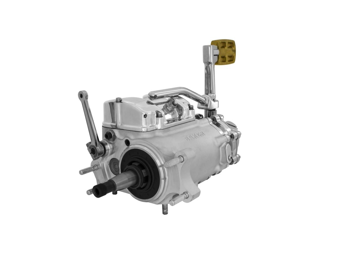 Baker Drivetrain 6 Into 4 70 Early 84 Complete Transmission With Ear, Standard Shift Pattern Polished Case, Mechanical Kicker Cover, Bearing Doors And Top Covers Aluminium Polished Cable Clutch Baker Drivetrain