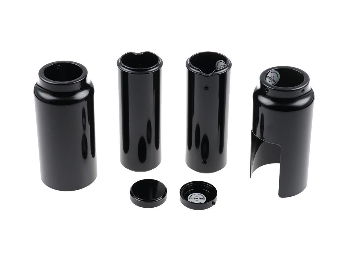 Cult Werk 6 Piece Fork Covers With Lower Fork Aluminum Covers Long Version, Plain, Relocated Oem Headlamp Mask And Front Turn Signal Position Gloss Black Powder Coated Cult Werk