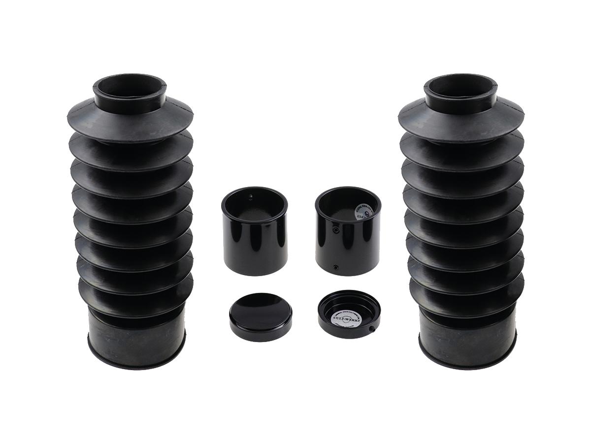 Cult Werk 6 Piece Fork Covers With Lower Fork Rubbers Short Version, With Cult Werk Logo, With Oem Headlamp Mask And Relocated Oem Front Turn Signals Black Gloss Powder Coated Cult Werk