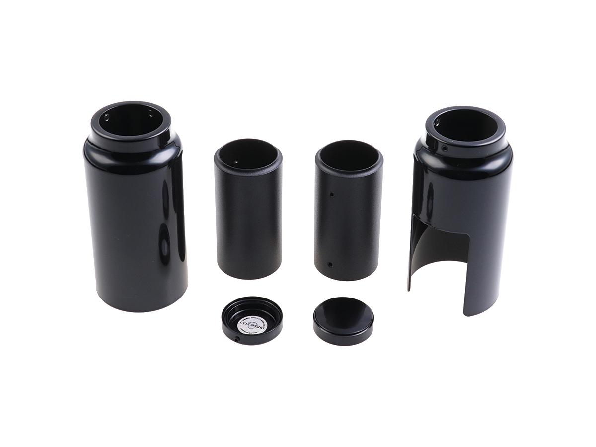 Cult Werk 6 Piece Fork Covers With Lower Fork Aluminum Covers Mid Version, Plain, With Oem Turnsignals And Relocated Oem Headlamp Mask Gloss Black Powder Coated Cult Werk Default Title
