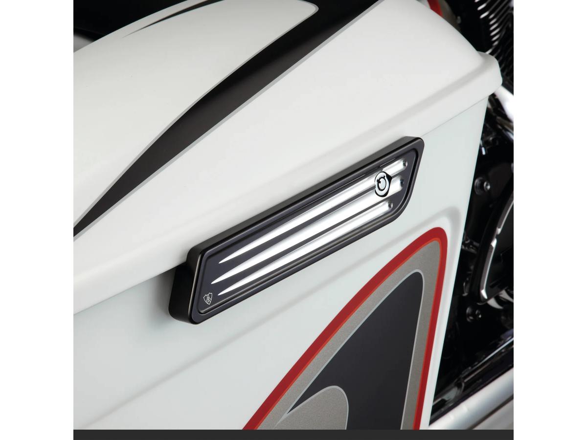 Arlen Ness Deep Cut Saddlebag Latch Covers Black Cut Anodized Arlen Ness