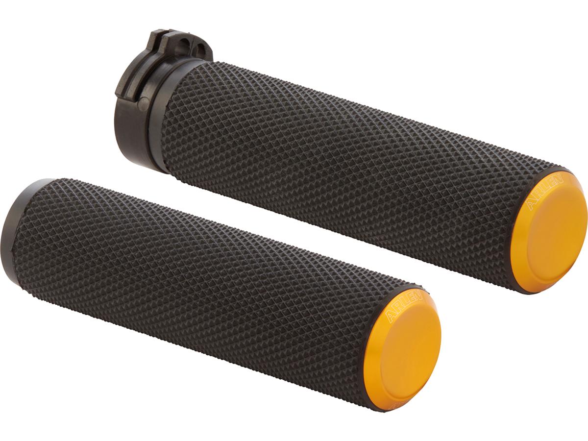 Arlen Ness Knurled Fusion Grips Black Rubber, Gold Endcap 1" Throttle Cables Arlen Ness Default Title