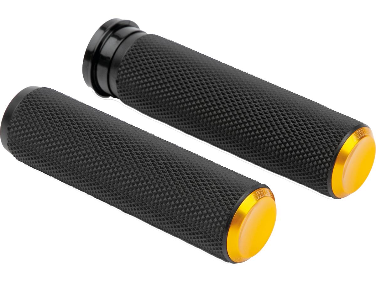 Arlen Ness Knurled Fusion Grips Black Rubber, Gold Endcap 1" Throttle By Wire Arlen Ness Default Title