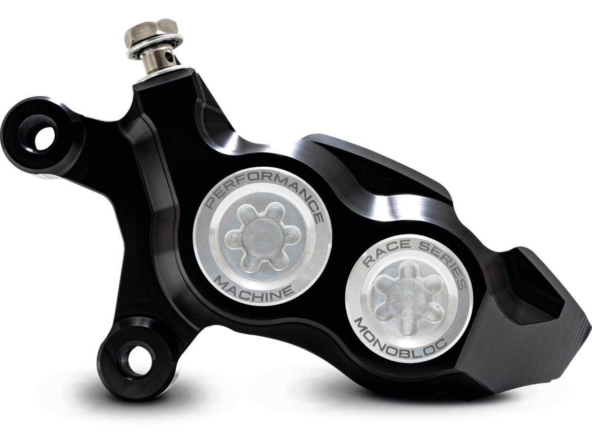 Performance Machine Race Series Monoblock Brake Caliper Clear Anodized Billet Bore Caps Black Anodized Front Left Performance Machine