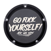 San Diego Customs Derby Cover "GFY", Black - Twin Cam Derby Cover San Diego Customs