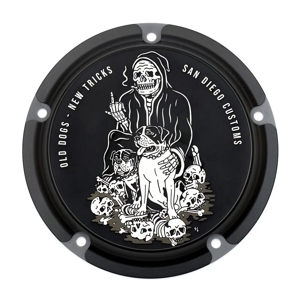 San Diego Customs Derby Cover Old Dogs, Black - Twin Cam Derby Cover San Diego Customs