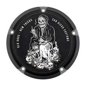 San Diego Customs Derby Cover Old Dogs, Black - Twin Cam Derby Cover San Diego Customs