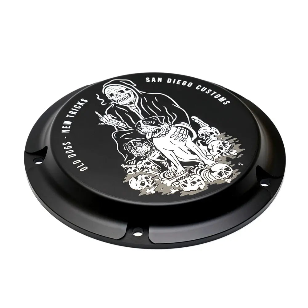 San Diego Customs Derby Cover Old Dogs, Black - Twin Cam Derby Cover San Diego Customs
