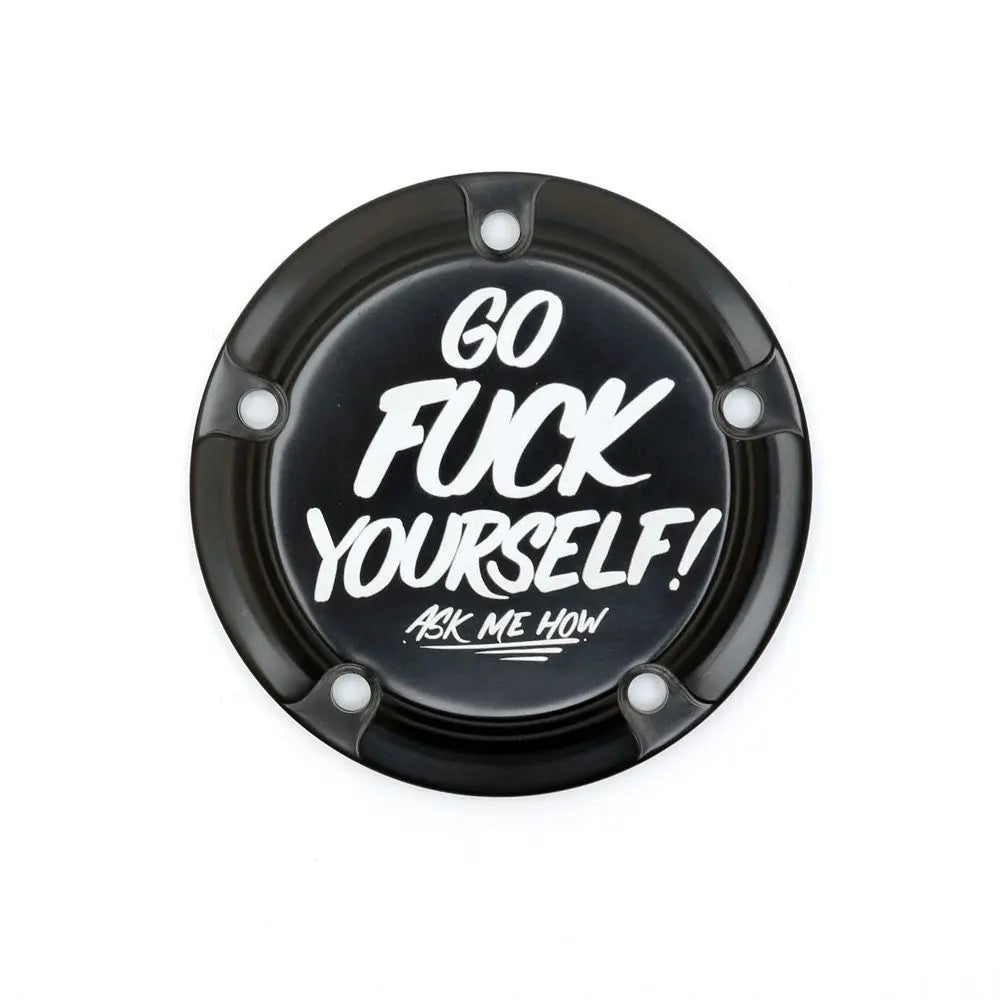 San Diego Customs Timing Cover "GFY", Black - Twin Cam Timing Cover San Diego Customs