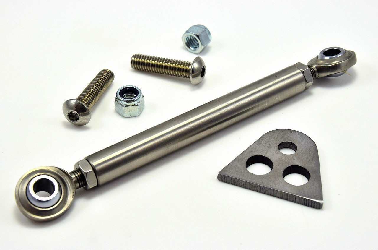 Bung King Adjustable Brake Stay Kit with Weld-On Tab, 7"-8" Eye-to-Eye, Brushed Stainless Steel Brake Rod, Anchor & Linkage Bung King