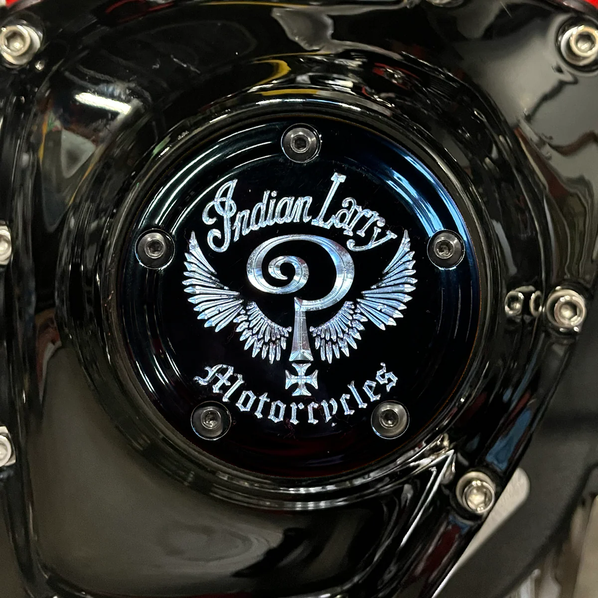 Indian Larry Logo 5 Hole Point Cover, Gloss Black & Aluminum - Twin Cam & Milwaukee 8 Timing Cover Indian Larry Motorcycles
