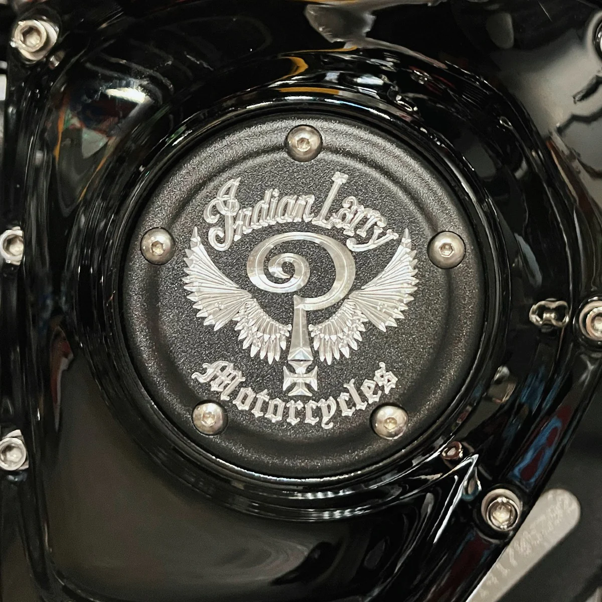 Indian Larry Logo 5 Hole Point Cover, Matte Black & Aluminum - Twin Cam & Milwaukee 8 Timing Cover Indian Larry Motorcycles