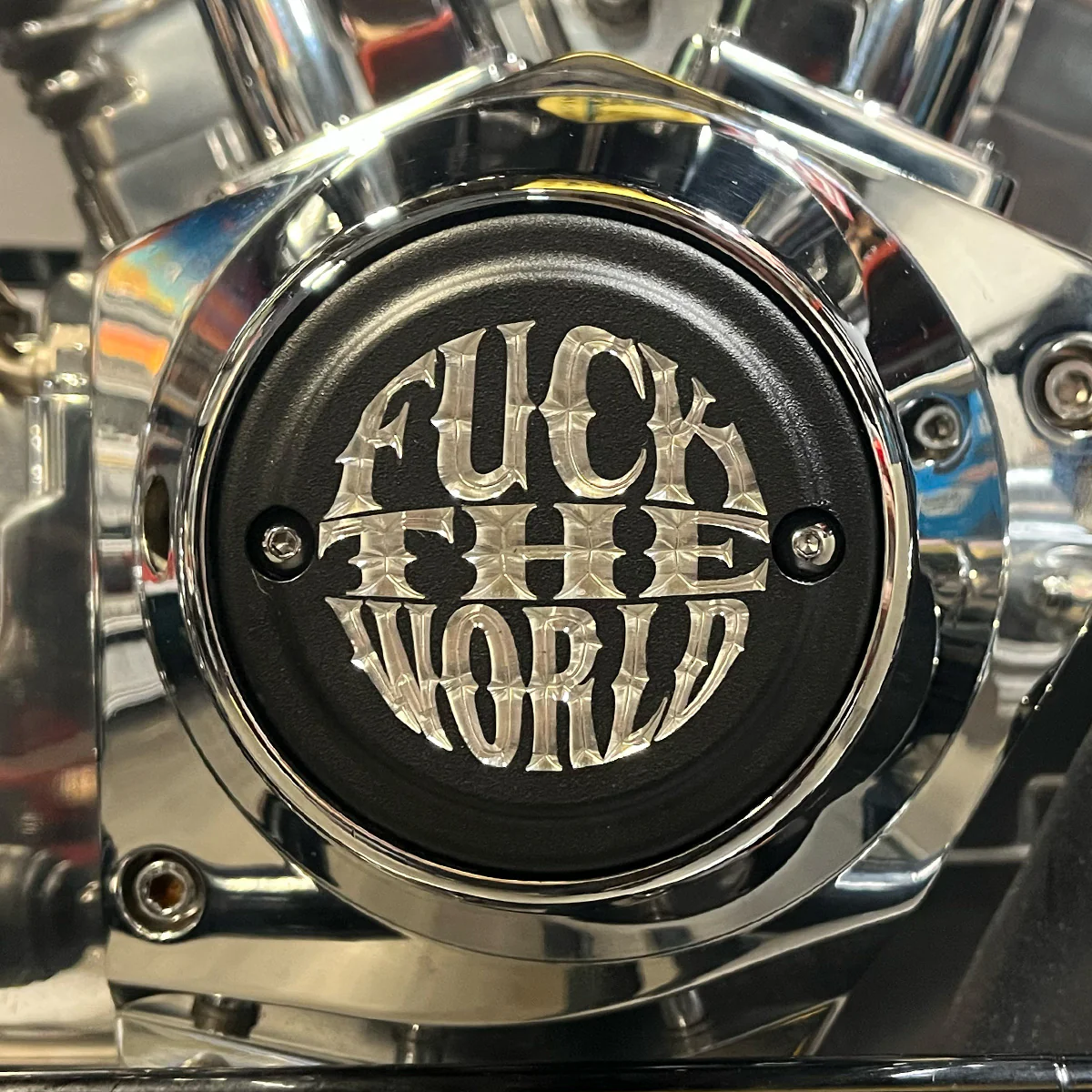 FTW Logo 2 Hole Point Cover, Matte Black & Aluminum - Shovelhead & EVO Timing Cover Indian Larry Motorcycles