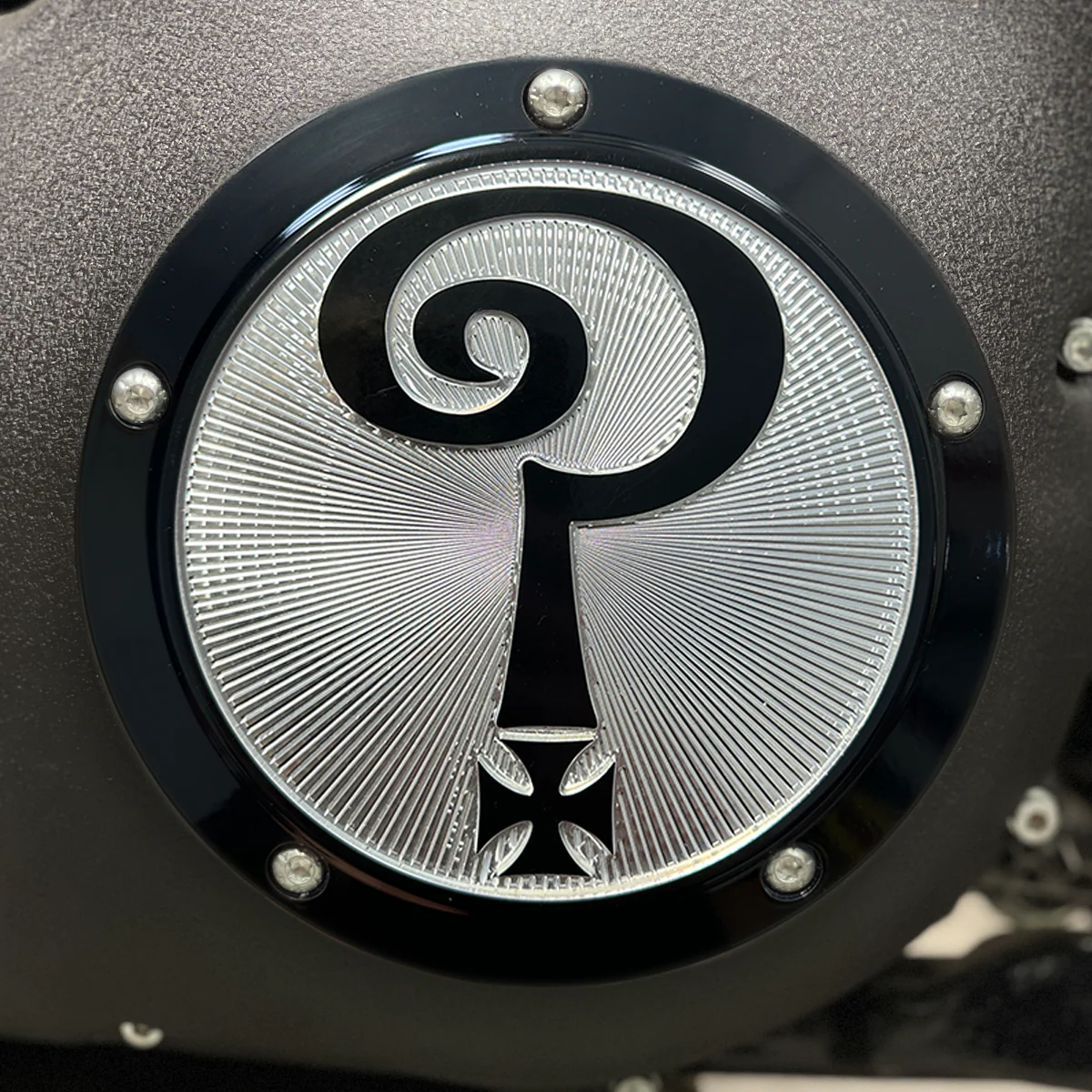 Question Mark Derby Cover, Gloss Black & Aluminum - Twin Cam Derby Cover Indian Larry Motorcycles